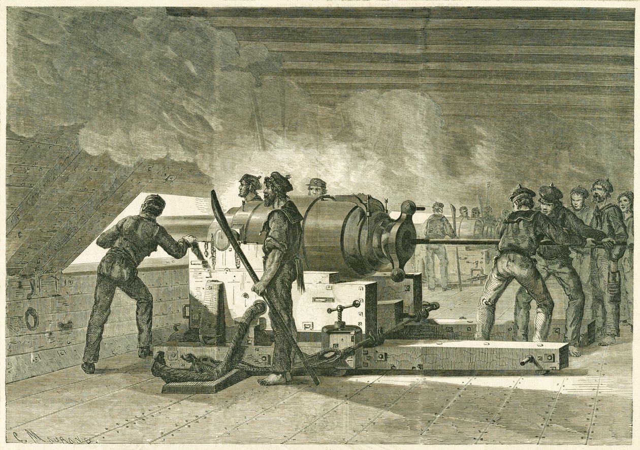 Intérieur de la batterie du Merrimac, pendant le combat avec le Monitor, vydáno 1862-1865 (dřevoryt) od French School