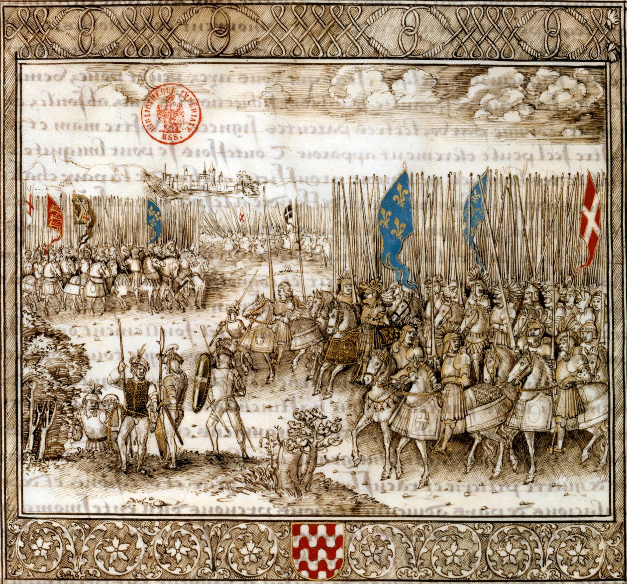 Johanka z Arku a francouzská armáda ve válce, ilustrace z Chronique de Enguerrand de Monstrelet od French School