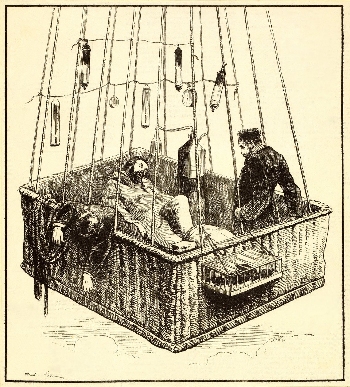 Joseph Crocé-Spinelli, Henri Sivel a Gaston Tissandier v koši balónu Zénith poté, co ztratili vědomí kvůli nedostatku kyslíku poté, co dosáhli výšky téměř 28 000 stop, poblíž P. od French School