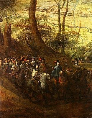 Ludvík II. (1621-86) z Bourbonu, vévoda z Enghien, mezi kavalíři obléhajícími město, kolem roku 1647 od French School