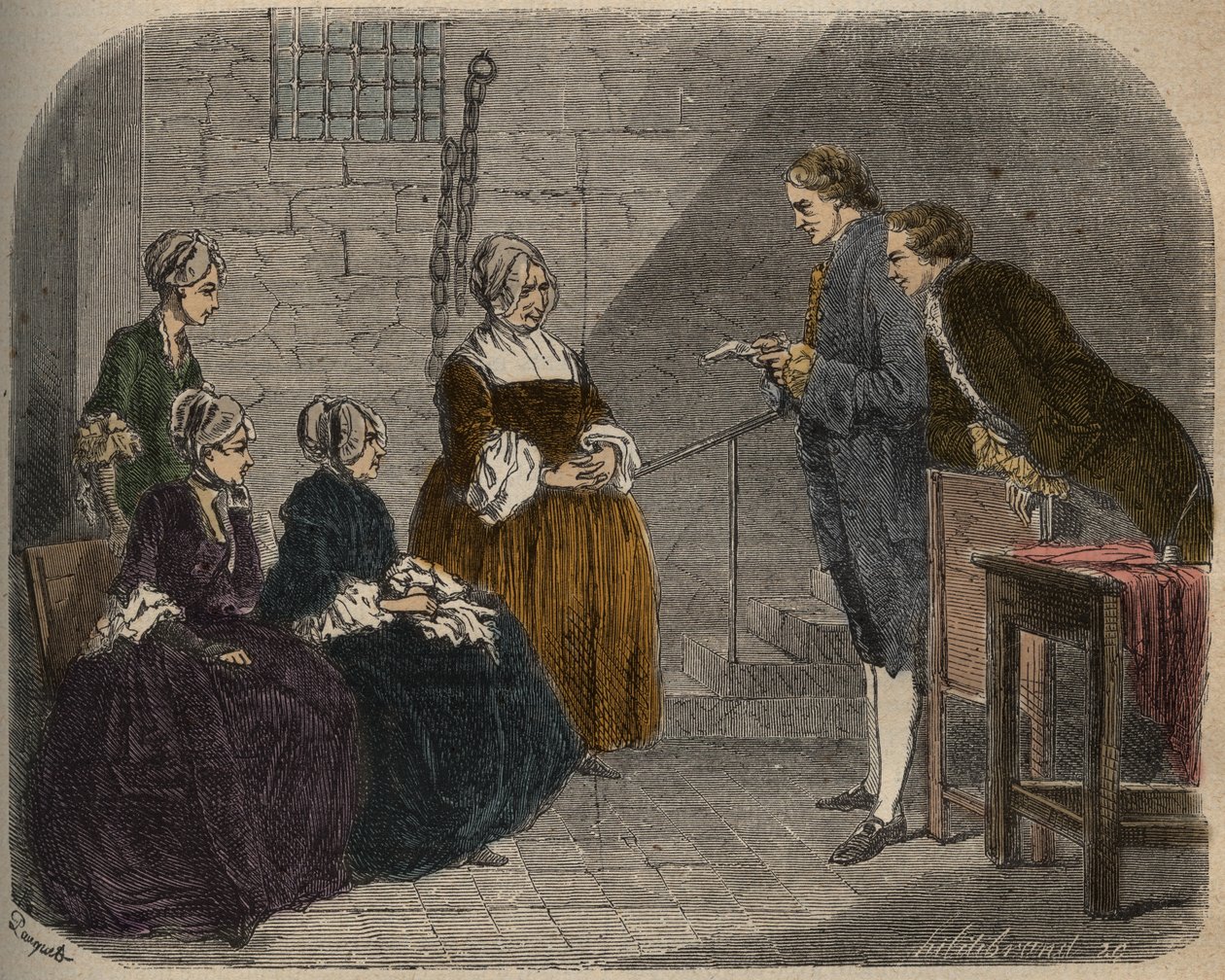 Madam Calasová se svými dvěma dcerami poslouchá verdikt soudu se svým manželem Jeanem, ilustrace z Causes celebres de tous les peuples od Armanda Fouquiera, 1858-67 od French School