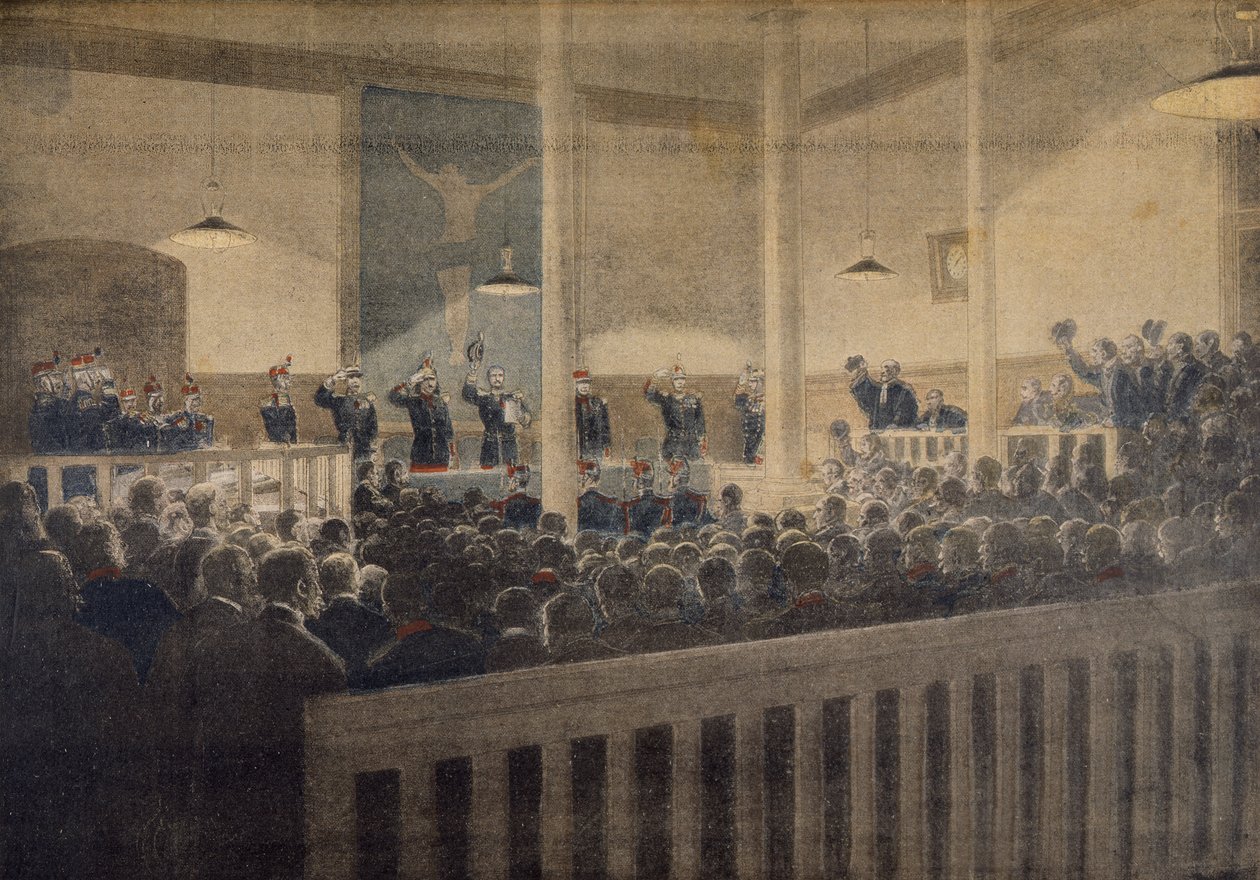 Major Esterhazy postaven před vojenský soud, čtení rozhodnutí, ilustrace z ilustrované přílohy Le Petit Journal, 23. ledna 1898 od French School