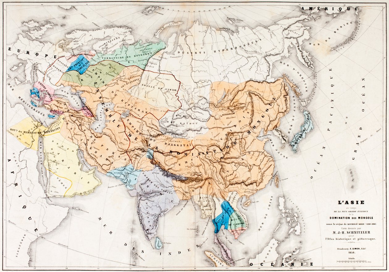 Mapa Asie v době největšího rozsahu nadvlády Mongolů za vlády Kublajchána, z LHistoire Universelle Ancienne et Moderne, vydaná ve Štrasburku kolem roku 1860 (barevně en od French School