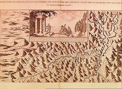 Mapa Valteline, vrácená Švýcarům Ludvíkem XIII. (1601-43), králem Francie a Navarry, 1626 od French School