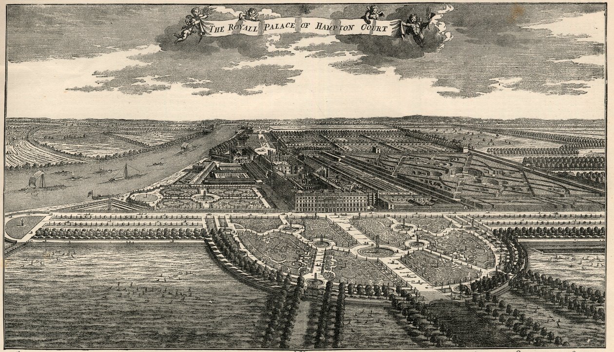Mapa královského panství Hampton court, ukazující cesty v parku, jak je vytyčil William III. od French School