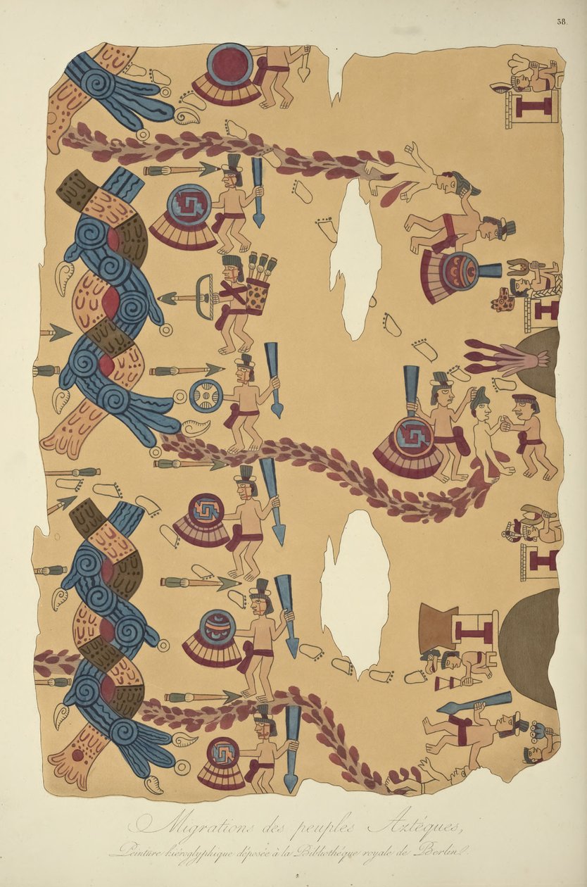 Stěhování aztéckých národů, hieroglyfická malba konzervovaná v Královské knihovně v Berlíně, ilustrace z Vues des Cordillères et Monumens des Peuples Indigènes de lAmérique od Alexandra von Huma od French School