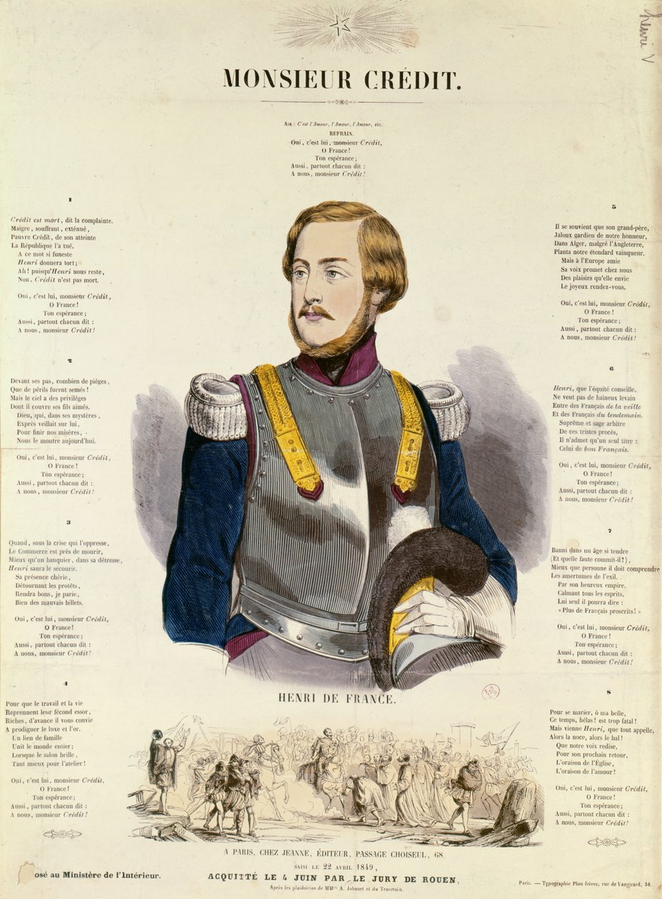 Monsieur Credit, francouzská rojalistická propaganda velebící Henri Charles Ferdinand Marie Dieudonne de France, Duc de Bordeaux, Comte de Chambord od French School
