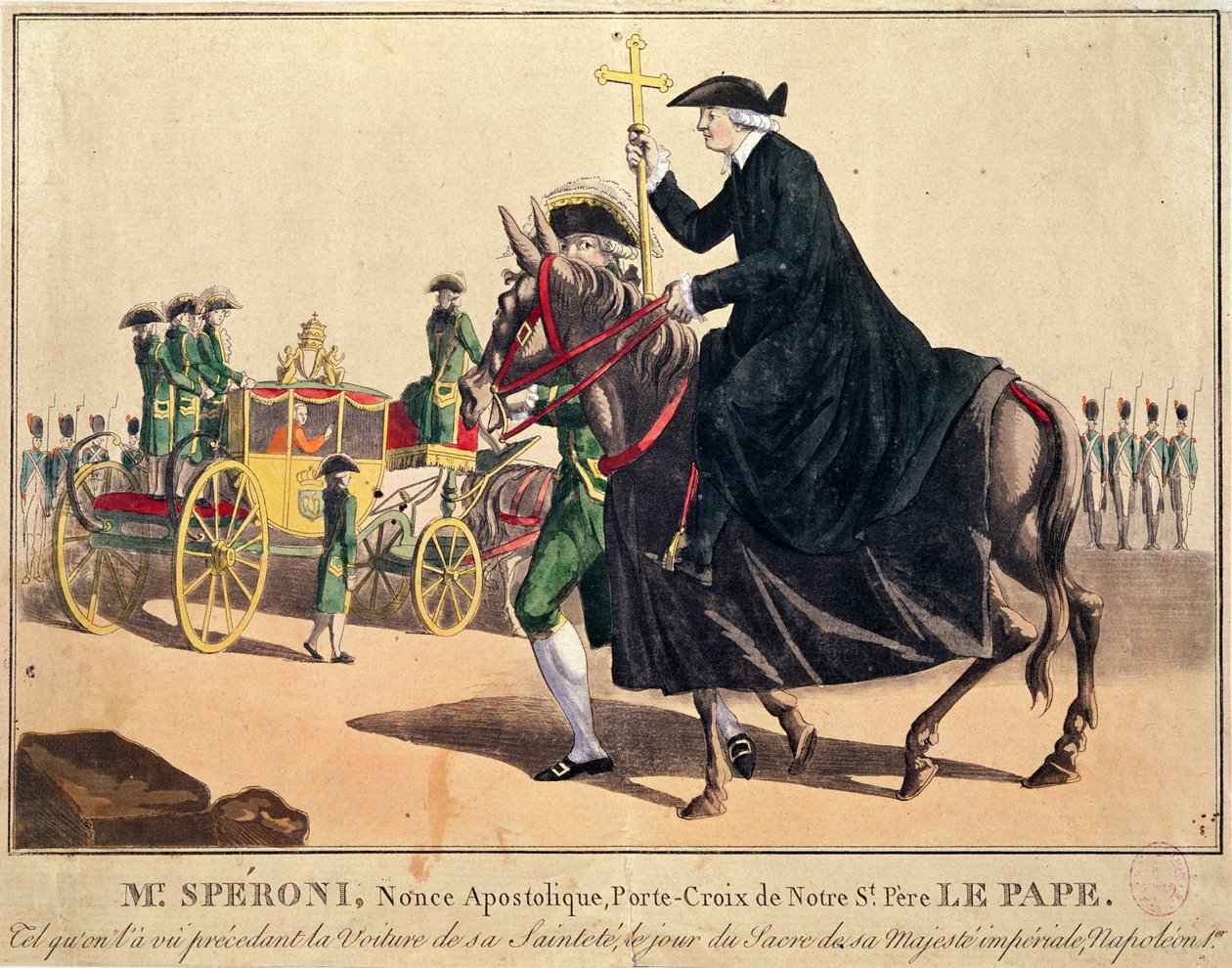 Monsignor Speroni nesoucí papežský kříž předchází papeže Pia VII. na cestě do katedrály Notre-Dame v Paříži na korunovaci císaře Napoleona a císařovny Josefíny dne 3. listopadu 1804 (colore od French School