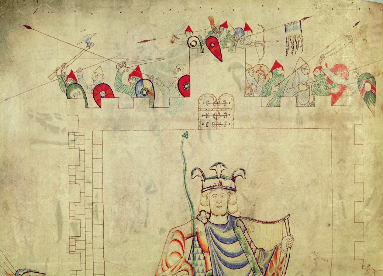 Ms 1215 t.3 fol.13v Král David sedící v Majestátu v centru Jeruzaléma, detail vojáků na hradbách, z Bible sv. Etienna Hardinga od French School