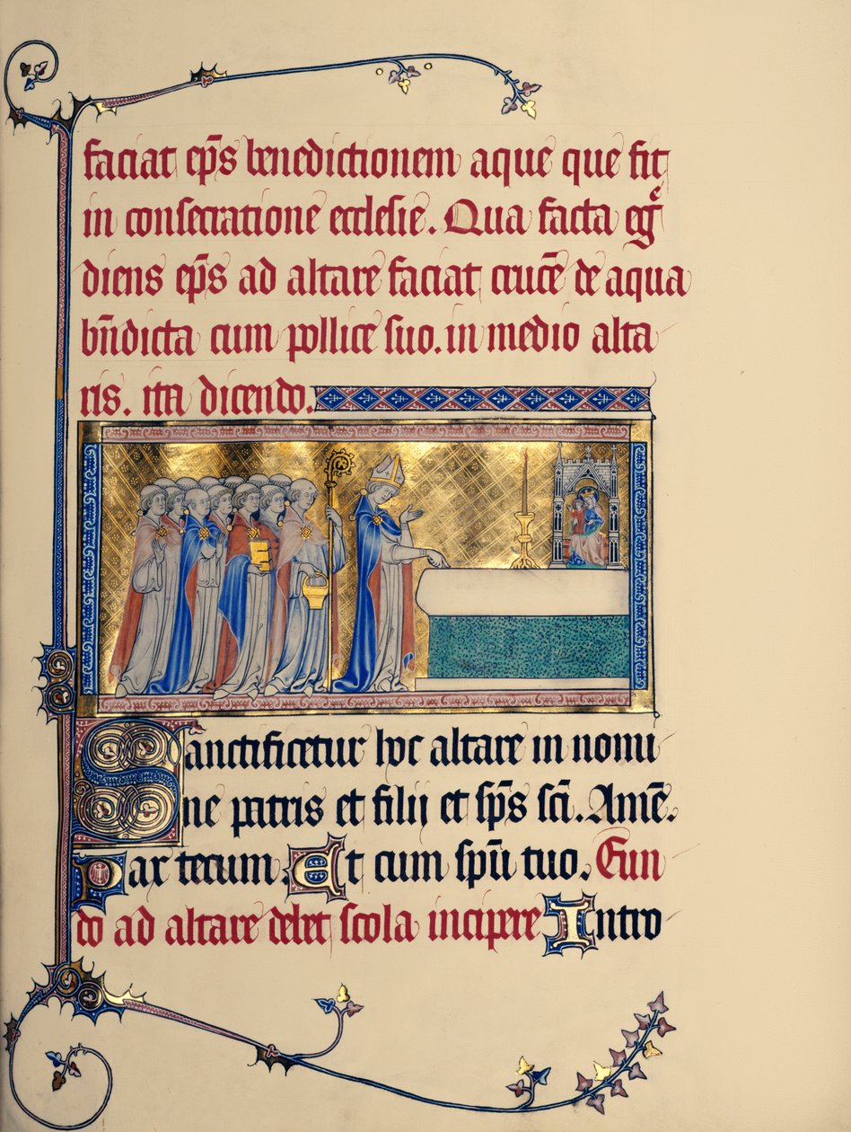 Ms 298 f.30r Zasvěcení kostela, z pontifikálu v Metz, kolem 1302-16 (zlato a tempera na pergamenu) od French School