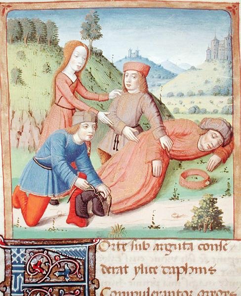 Ms 493 f.12v Spící Silenus je svázán pastýři a Aegle, z The Eclogues od Virgilia s komentářem Servia, 1469 od French School
