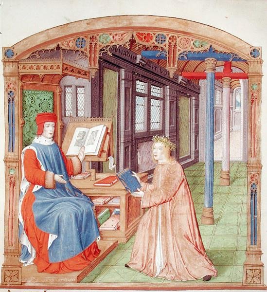 Ms 493 fol.19 Virgil (70-19 př. n. l.) nabízí svou knihu Maecenasovi, z The Eclogues od Virgilia s komentářem Servia, 1469 od French School