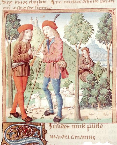 Ms 493 fol.8r Setkání mezi pastýři, z Les Bucoliques od Virgilia s komentářem Servia, 1469 od French School