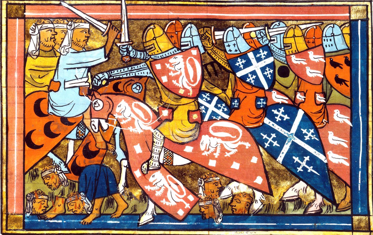 Ms FR 22495 f.265v Bitva u Damietta v Egyptě v letech 1218-1219, během páté křížové výpravy (1217-1221) z Historia od Guillauma de Tyra, 1337 od French School