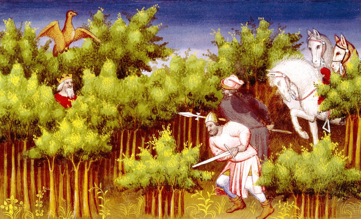 Paní Fr 2810 f.200v, Čingischán uniká svým nepřátelům tím, že se skrývá v křoví, z Livre des Merveilles du Monde, cca 1410-12 (tempera na pergamenu) od French School