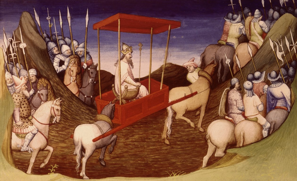 Paní Fr 2810 f.204, Velký chán přijíždějící se svým doprovodem, z Livre des Merveilles du Monde, kolem 1410-12 (tempera na pergamenu) od French School