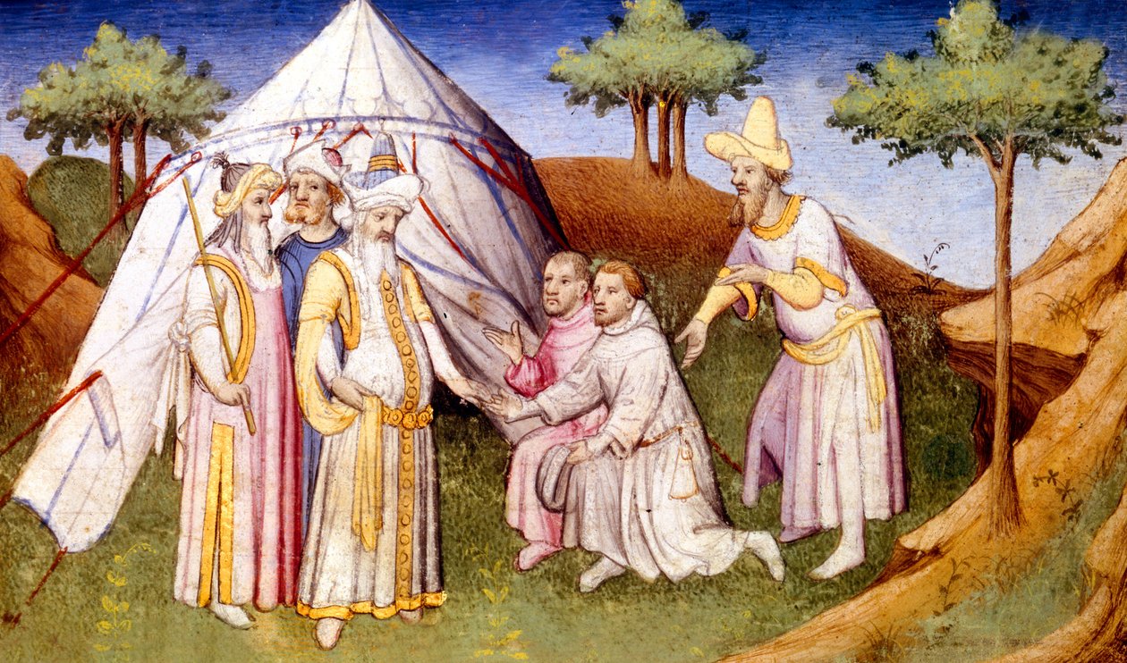 Paní Fr 2810 f.2v, Kublajchán pozdravena bratry Polo, z Knihy divů světa, kolem 1410-12 (tempera na pergamenu) od French School