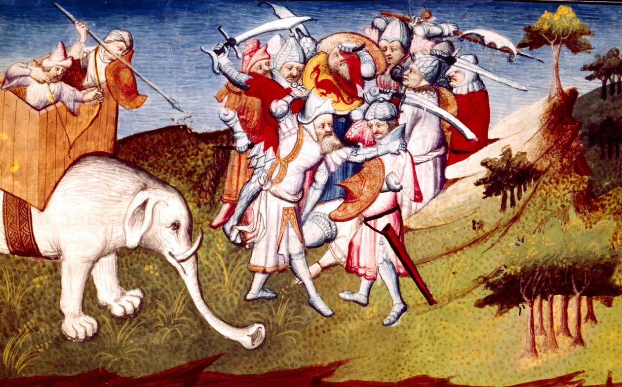 Paní Fr 2810 f.33, Marco Polo v bitvě mezi Čingischánem a jeho strýcem Nouernem, ilustrace z Livre des Merveilles du Monde, kolem 1410-12 (tempera na pergamenu) od French School