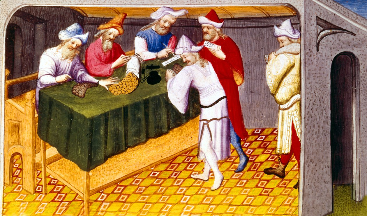 Paní Fr 2810 f.69, daň vybíraná Čingischánem na sůl, cukr a koření ve městě Quinsay, z Livre des Merveilles du Monde, c.1410-12 (tempera na pergamenu) od French School