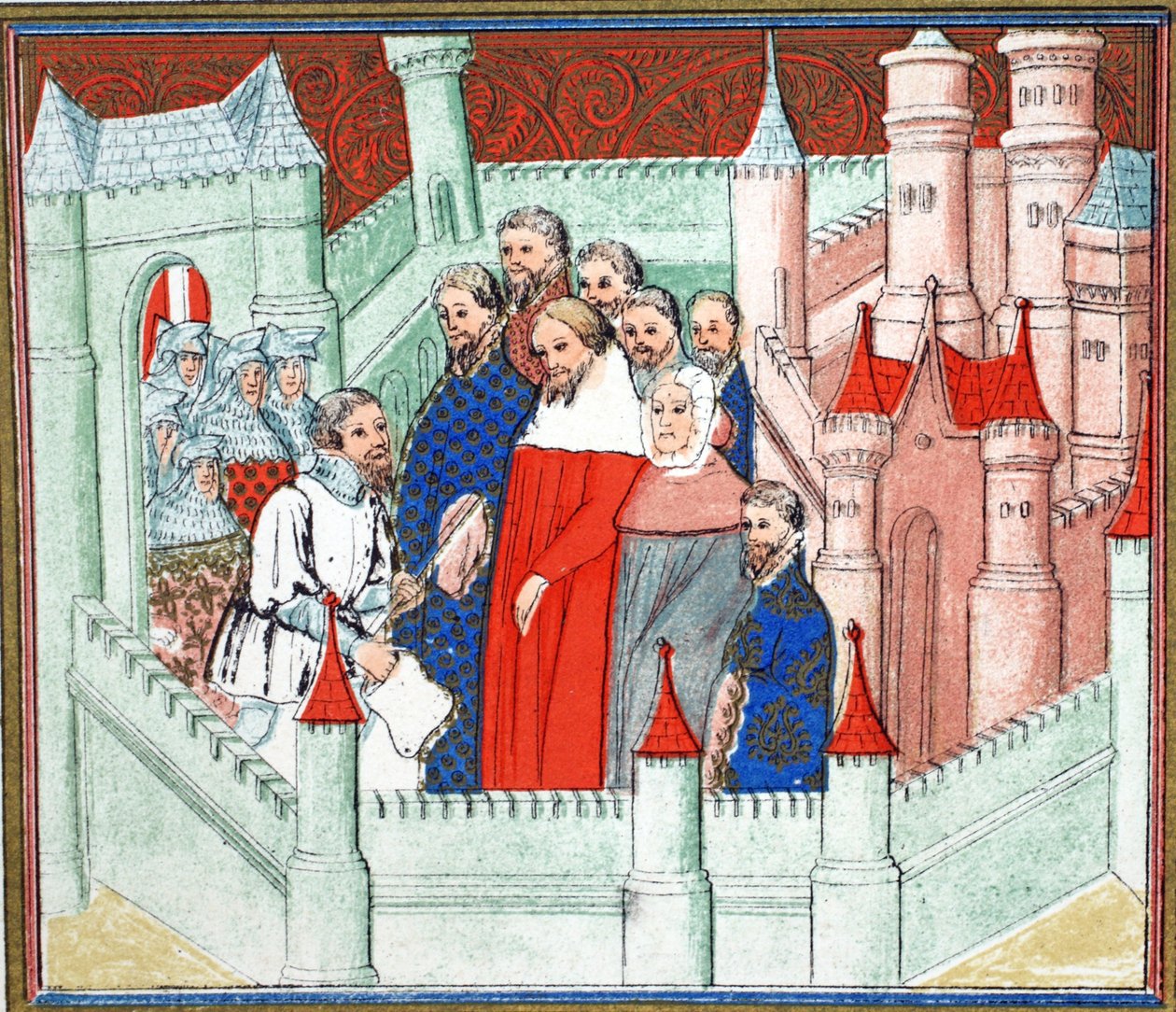 Richard II. na hradě Flint, kde byl zajat Bolingbroke, svému rivalovi na trůn, faksimile kopie z Le Prinse et Mort du Roy Richart od Jeana Cretona, přetištěno 19. století (barevně od French School