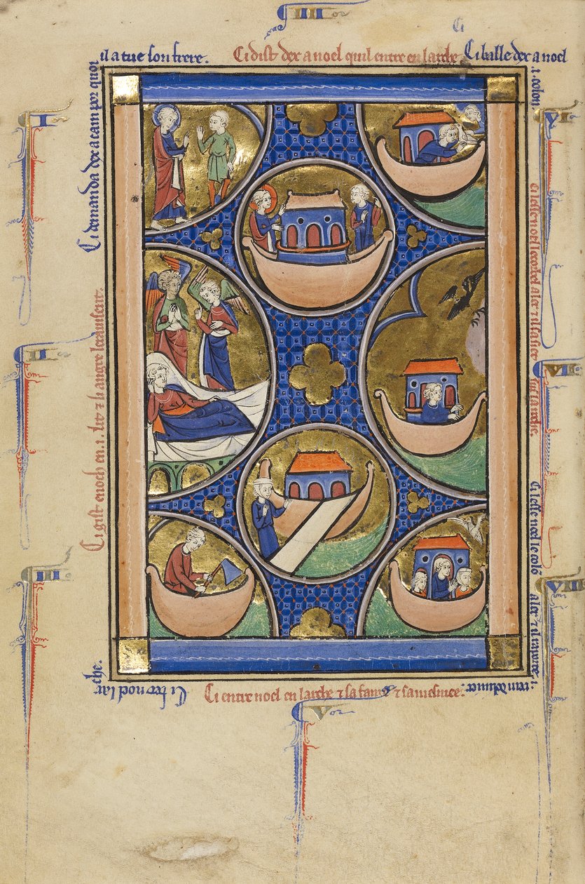 Scény ze života Noemova, cca 1250-60 (tempera, plátkové zlato a inkoust na pergamenu) od French School