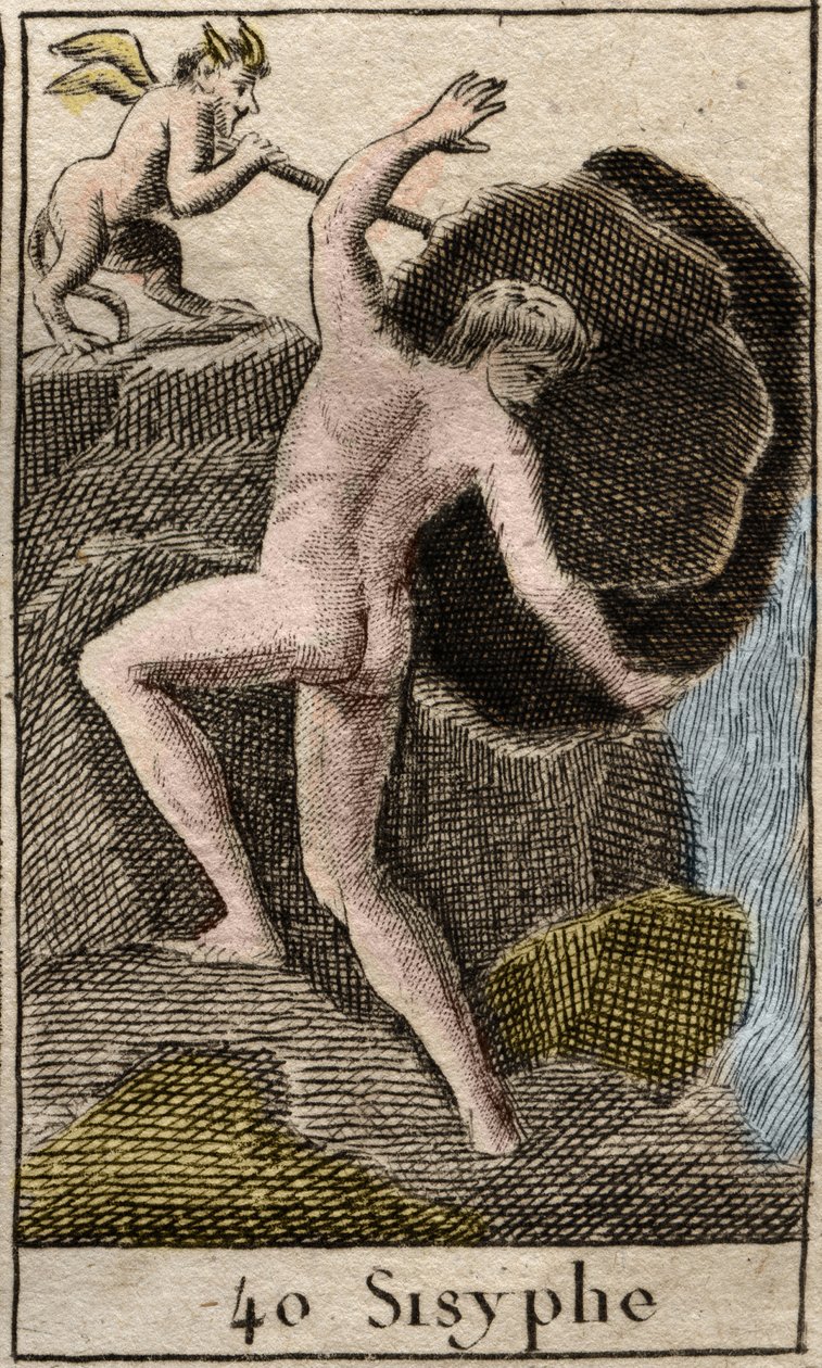 Sisyfos, ilustrace z Mythologie de la Jeunesse, 1803 od French School