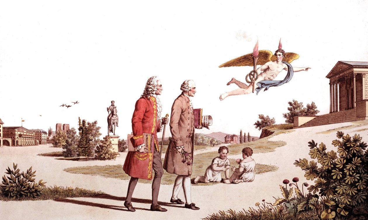 Duch Voltaira a Jean Jacques Rousseau je zavede do Chrámu nesmrtelnosti, ilustrace z Alegorie děl francouzských filozofů od French School