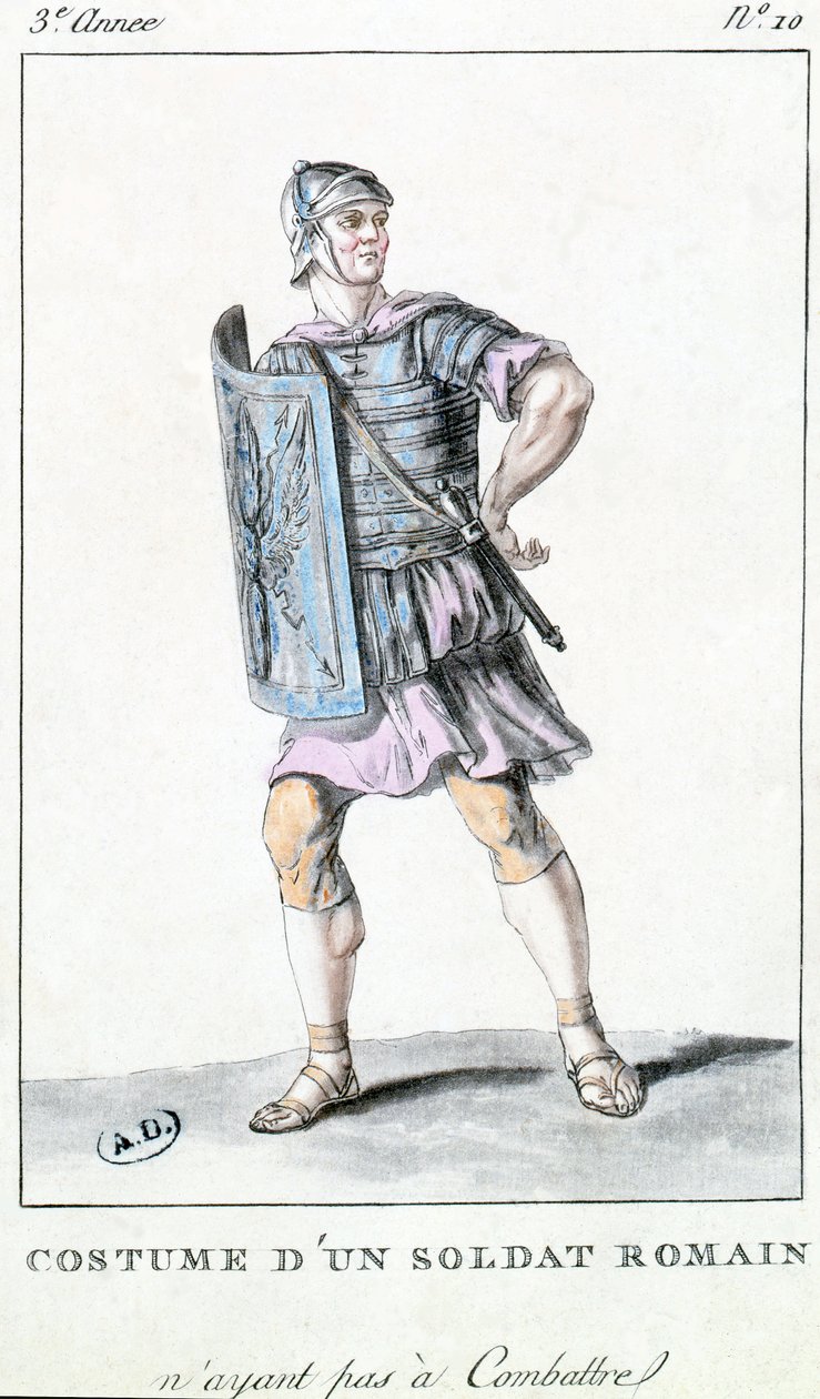 Návrh divadelních kostýmů pro římského vojáka (barevná rytina) od French School