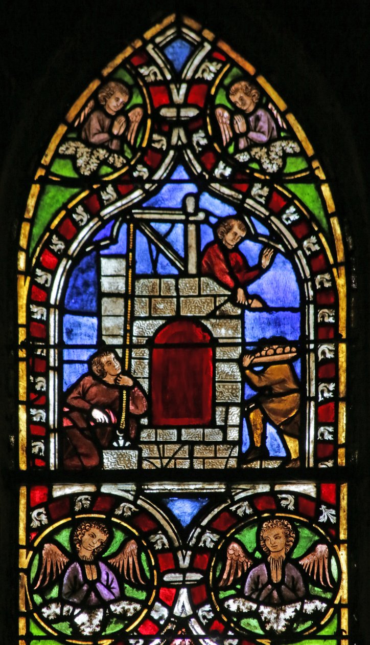 Okno zobrazující stavbu babylonské věže, c.1325 od French School
