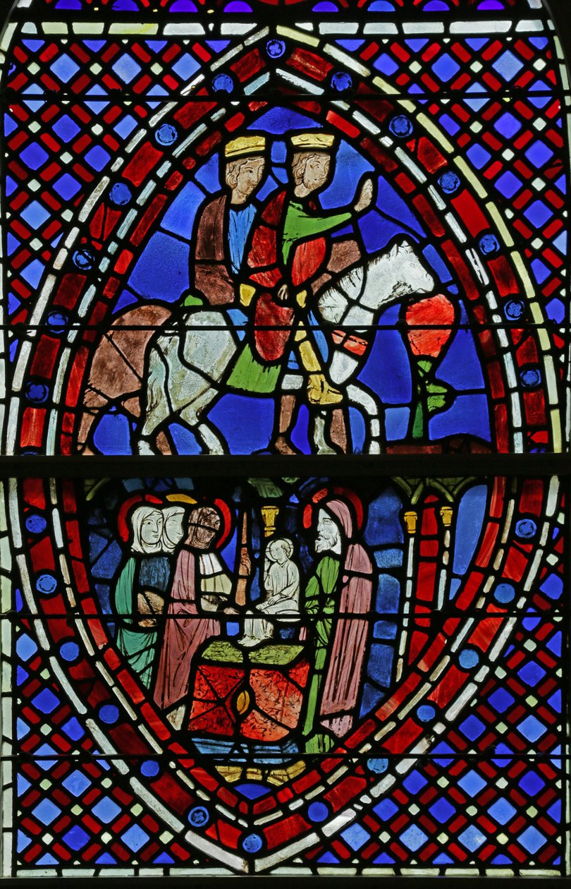 Okno zobrazující panely ze Sainte Chapelle od French School