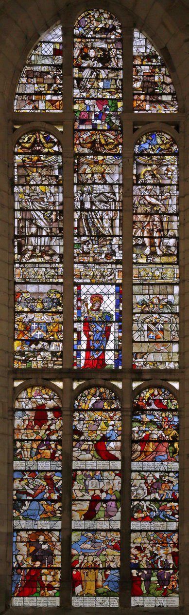 Okno zobrazující Saint Louis uprostřed (1505), Zjevení (1611) a další postavy (1654), 16.-17. od French School
