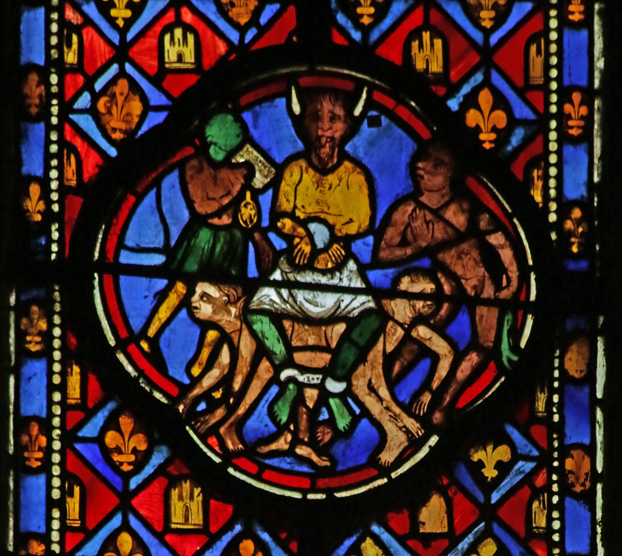 Okno zobrazující Satana na jeho dvoře od French School