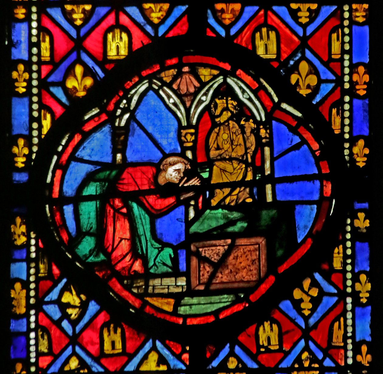 Okno zobrazující Theophilus před sochou Panny Marie od French School