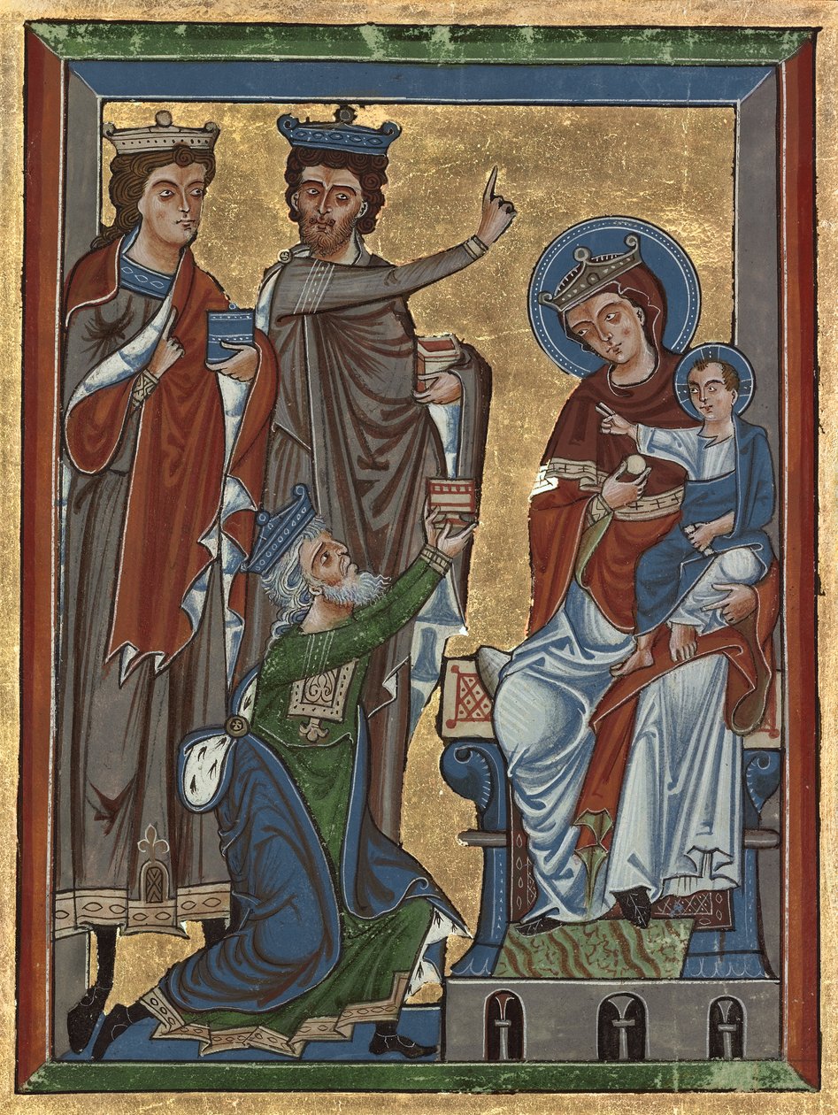 Klanění tří králů z žaltáře Ms 4, cca 1240 (tempera, plátkové zlato a inkoust na pergamenu) od German School