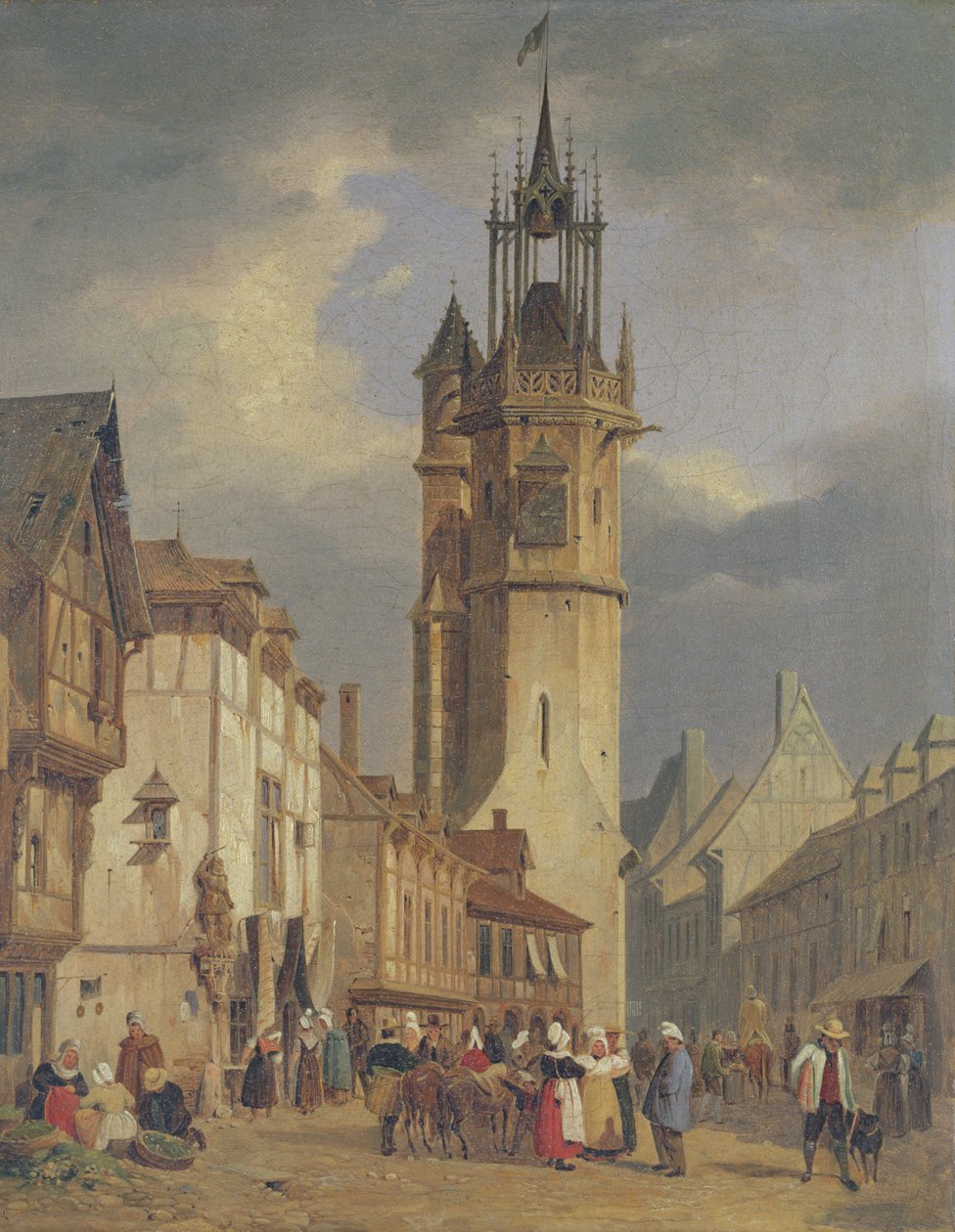 Francouzská městská scéna se zvonicí od German School