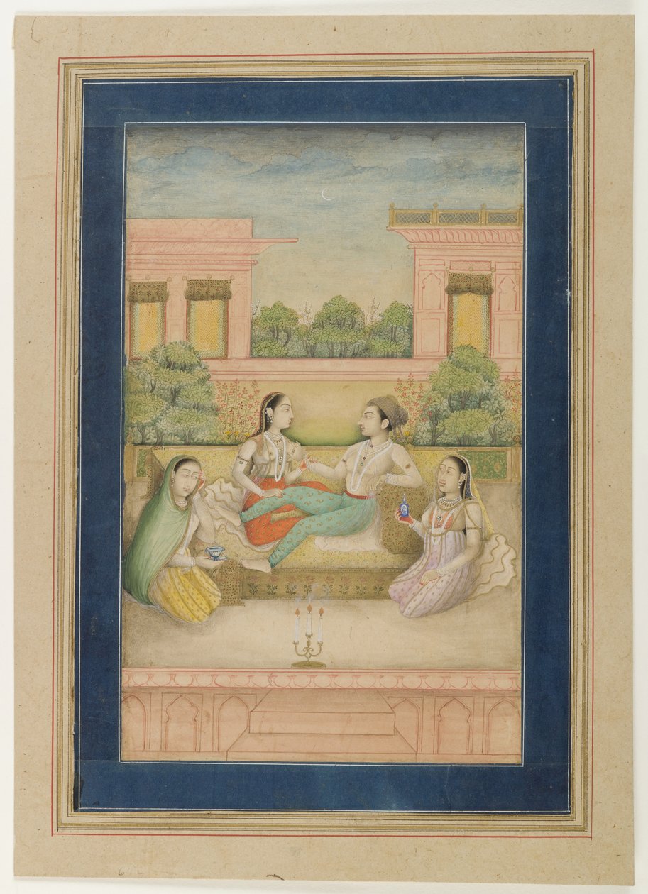 Princ a jeho choť na terase, cca 1800 (neprůhledné wc na papíře) od Indian School