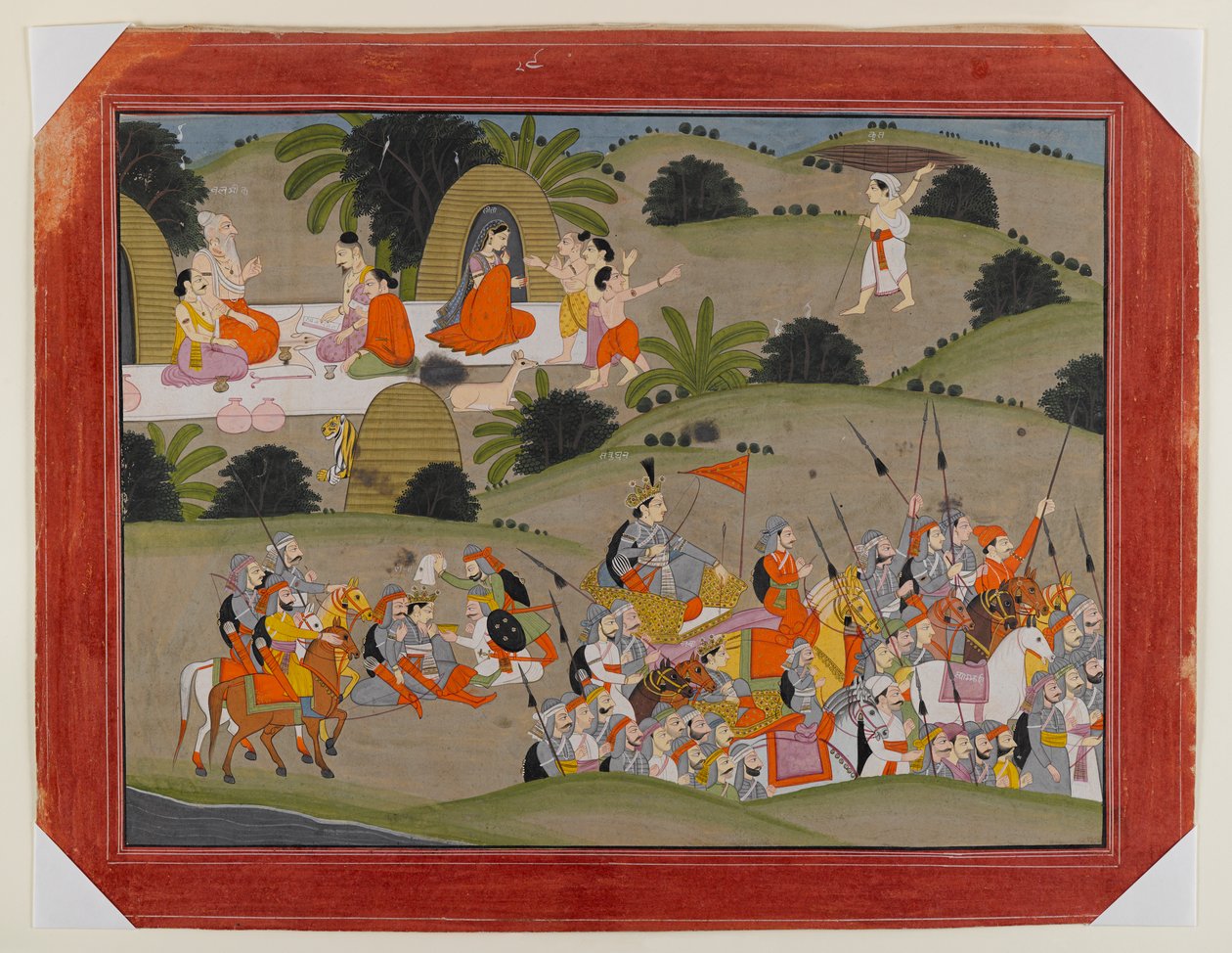 Bitva mezi Lavou a Ramasovým bratrem, Shatrughnou, poblíž poustevny Valmiki, Page ze série Dispersed Ramayana, kolem roku 1820 (neprůhledné wc a zlato na papíře) od Indian School
