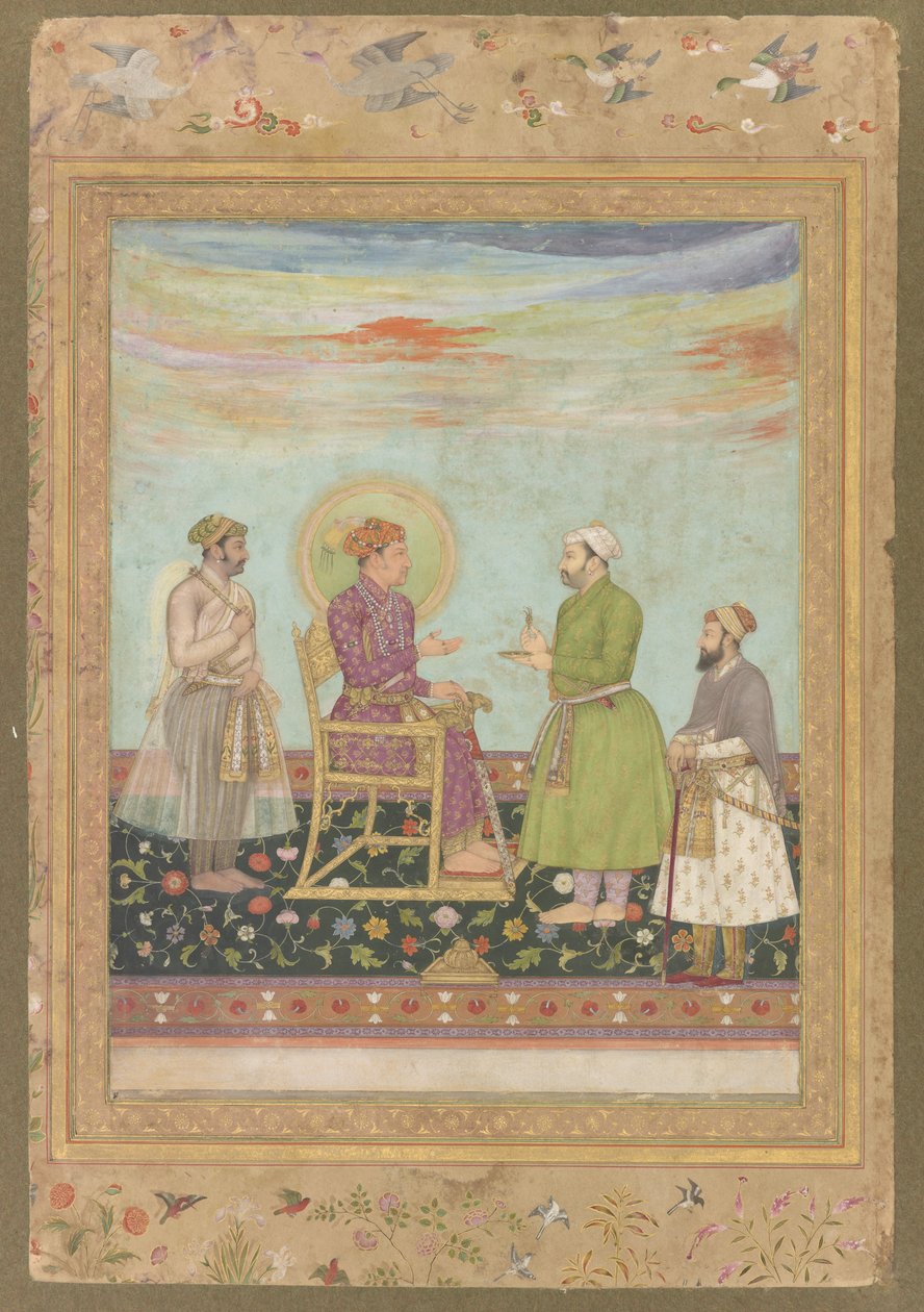 Jahangir s Asafem Khanem a Shayista Khanem, z alba Late Shah Jahan, cca 1650 (wc, inkoust a zlato na papíře) od Indian School