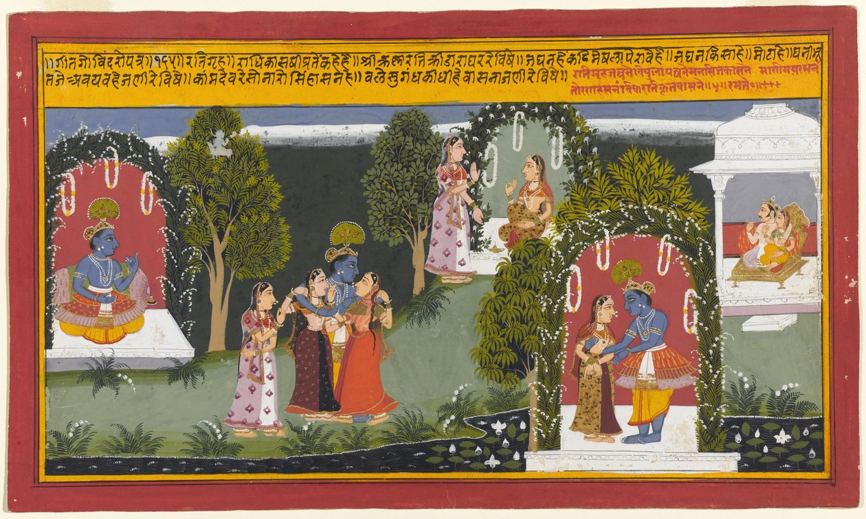 Kama a Rati jsou svědky setkání Krišny a Rádhy, stránka ze série Gita Govinda, 1714 (neprůhledné wc a zlato na papíře) od Indian School