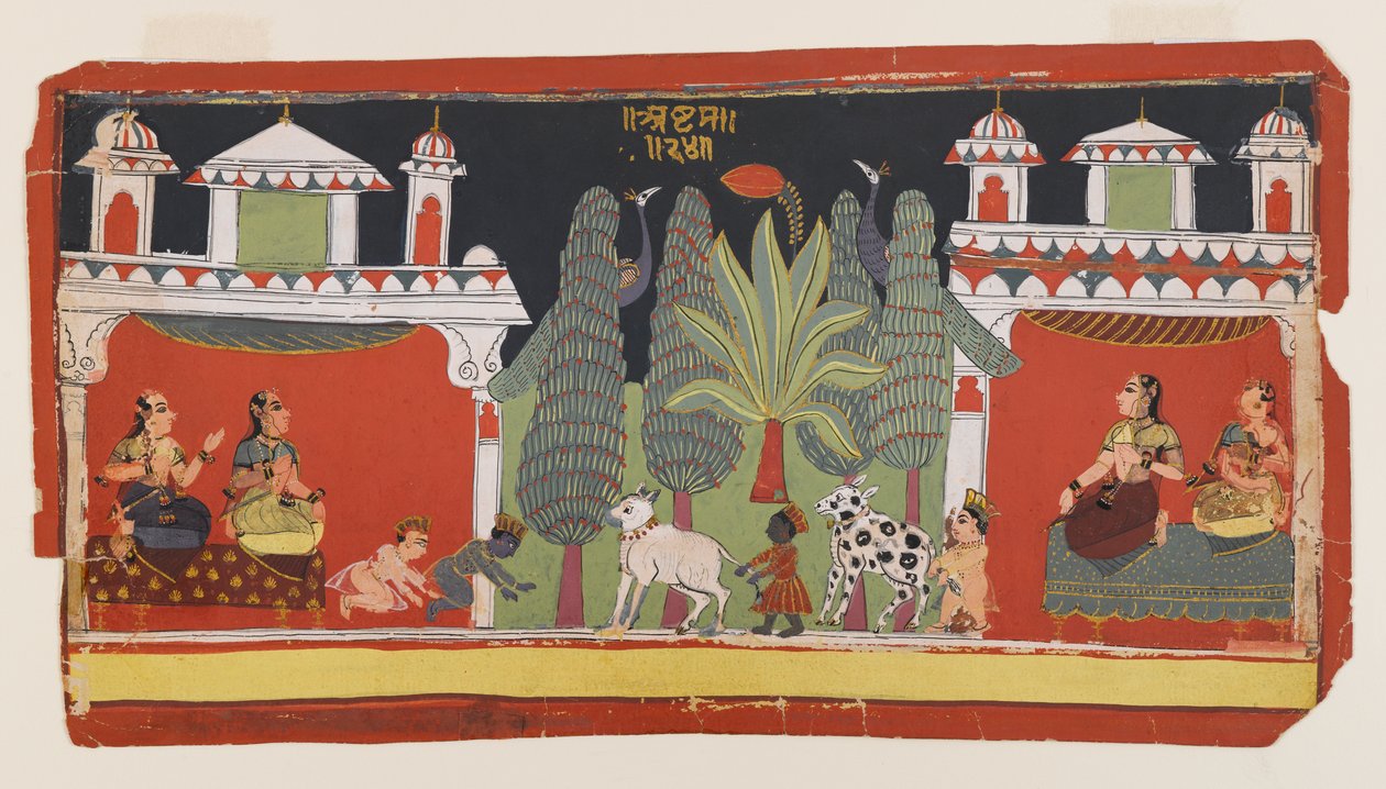 Krišna a Balarama jako děti, kolem roku 1690 (neprůhledné wc a zlato na papíře) od Indian School