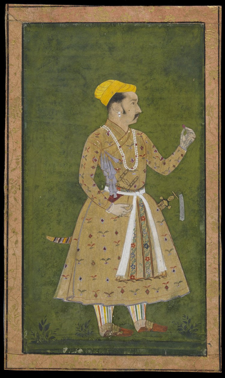 Princ držící květinu, oddělené album s malbou, cca 1740 (neprůhledný akvarel a zlato na papíře) od Indian School