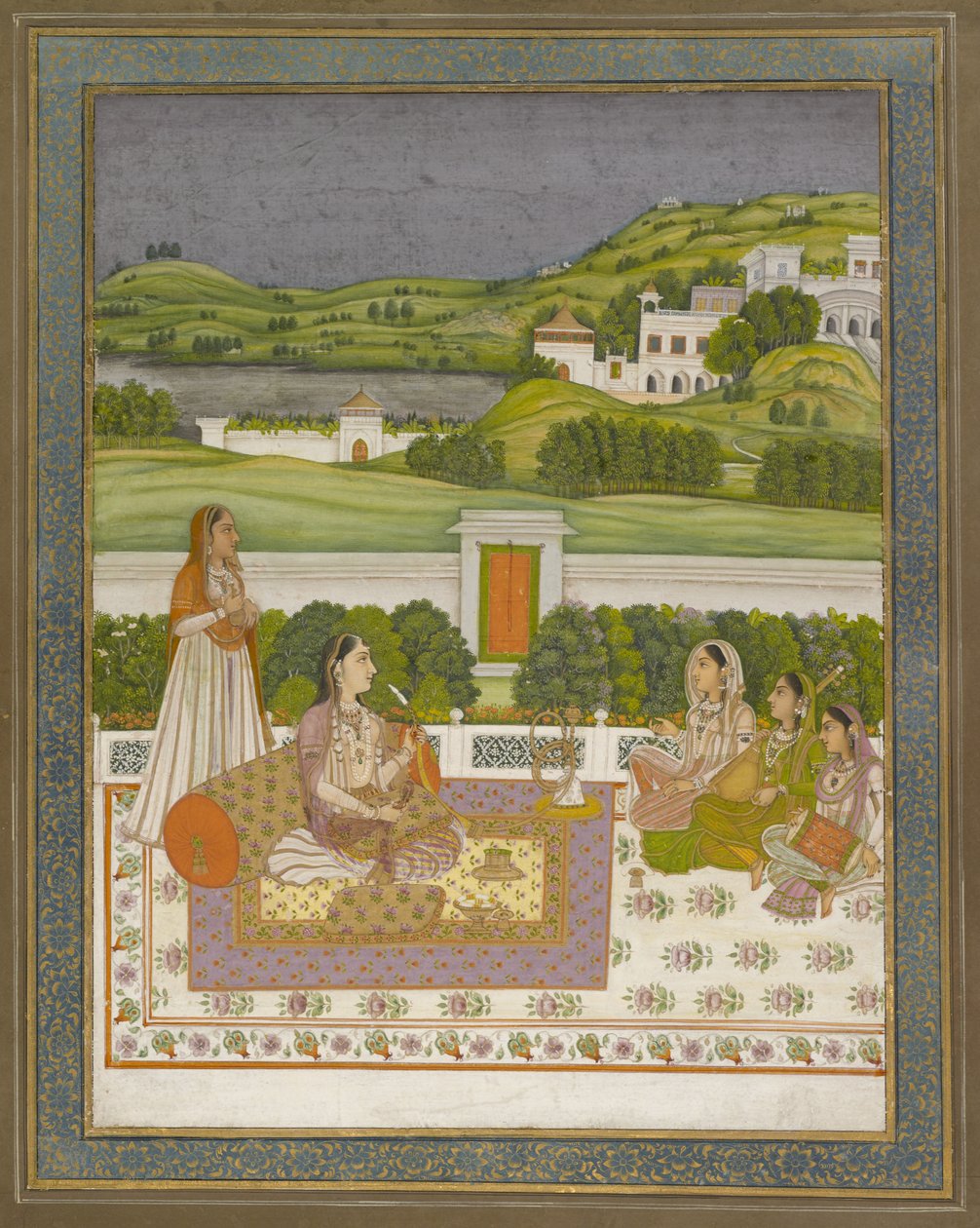 Princess Listening to Music, 1775-80 (kvaš se zlatem a stříbrem na papíře) od Indian School