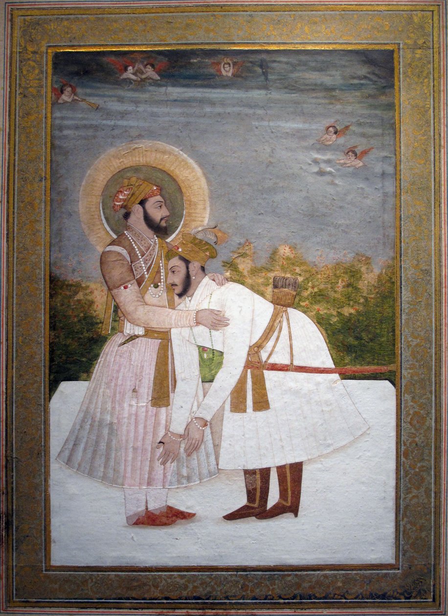 Shah Jahan objímá svého syna Aurangzeba, kolem roku 1750 (kvaš a zlato) od Indian School