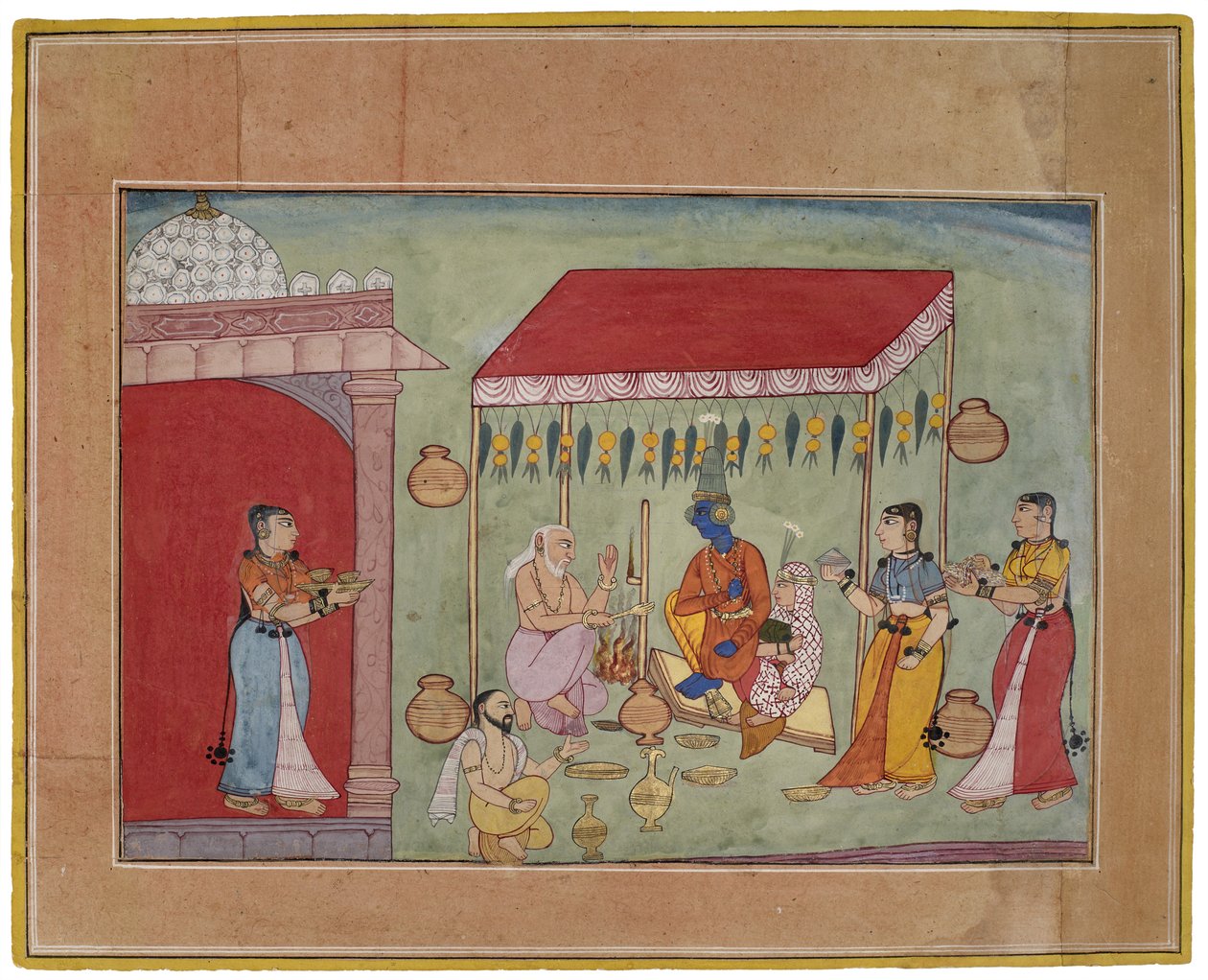 Svatba Krišny a Rukmini, 1590-1600 (kvaš se zlatem na papíře) od Indian School