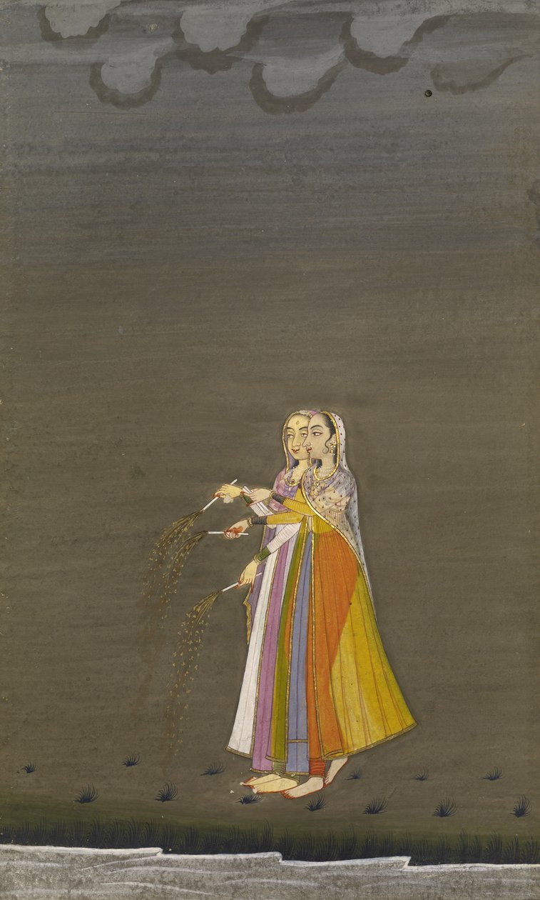 Dvě dívky Nautch s prskavkami u potoka v noci svátku Diwali, bikanerský styl, 1790-1800 (albumové listy; kvaš se stříbrem a zlatem na papíře) od Indian School