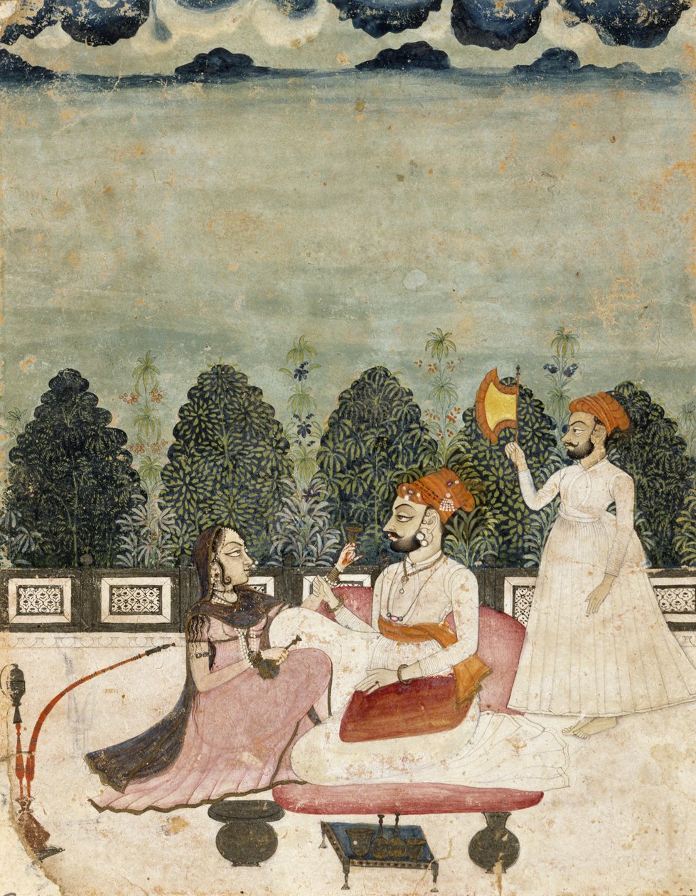 Bez názvu (dva muži a žena na terase), 1700 (tempera na položený papír) od Indian School