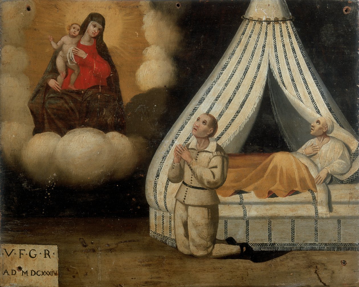 Muž v posteli během nemoci; vlevo, stejný muž, který se modlí k Madoně z oblouku za milost, kterou obdržel, Ex-voto, 1603 od Italian School