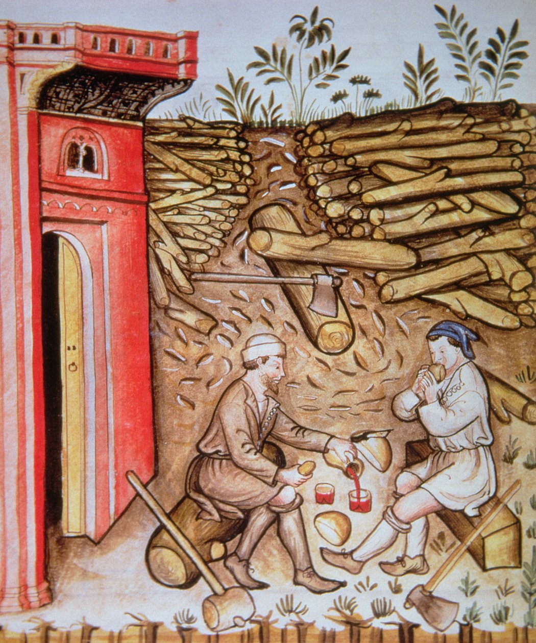 Fol.64r Jíst chléb a pít víno, ilustrace z Tacuinum Santiatis Codex Vindobonensis od Italian School