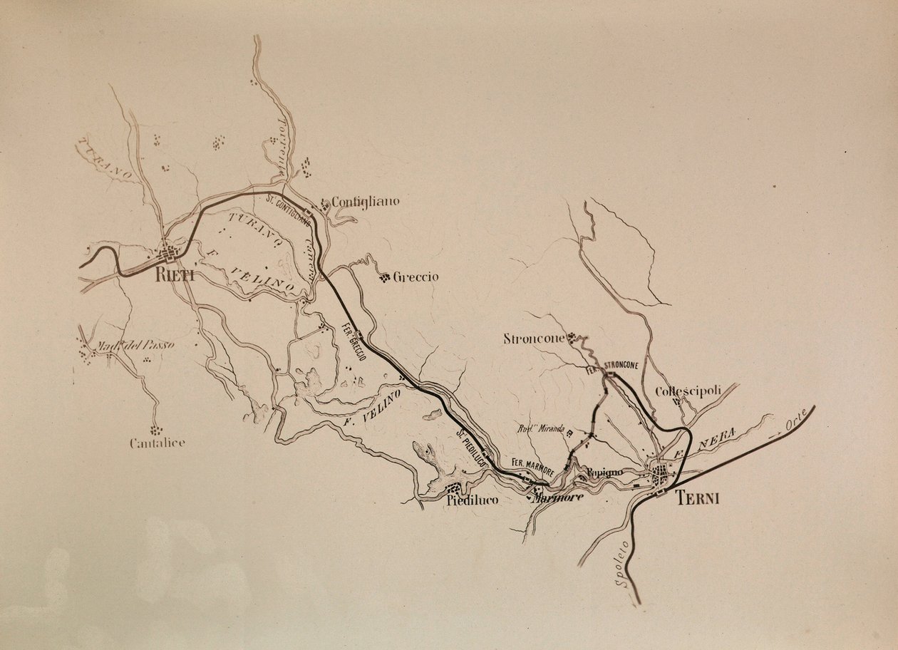 Societa Italiana pro jižní železniční tratě: mapa železniční trati Terni-Rieti, 1883 od Italian School