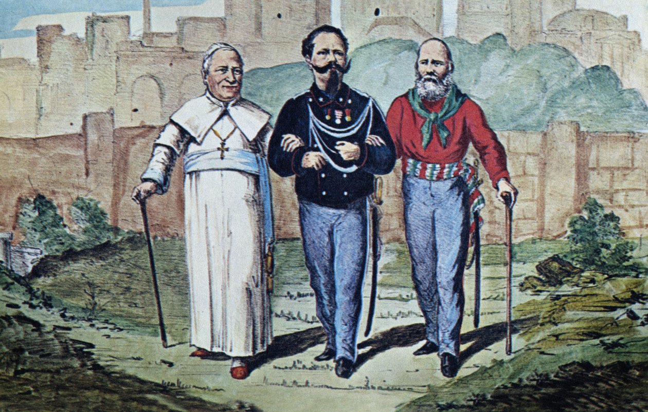 The Perfect Trinity: Papež Pius IX, Victor Emmanuel II a Garibaldi, 1870 (akvarel) od Italian School